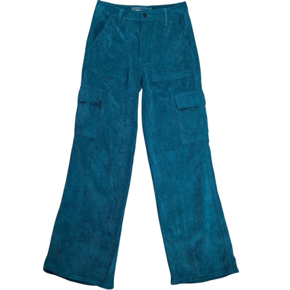 Indigo Rising Peacock Teal Wide Wale Corduroy Wide Leg Cargo Pant SZ 1 JR
